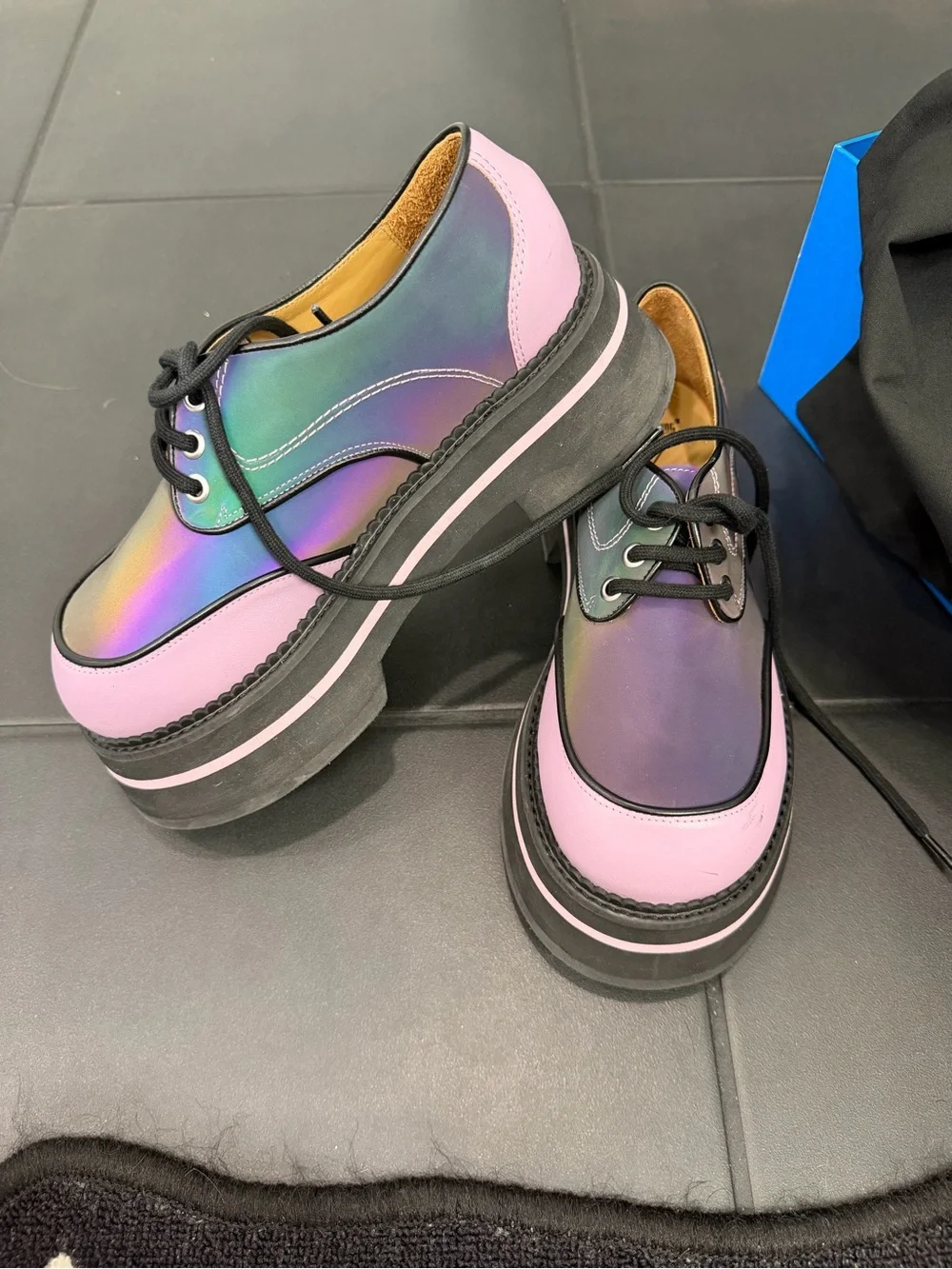 John Fluevog Purple and Blue Iridescent Platform Oxfords